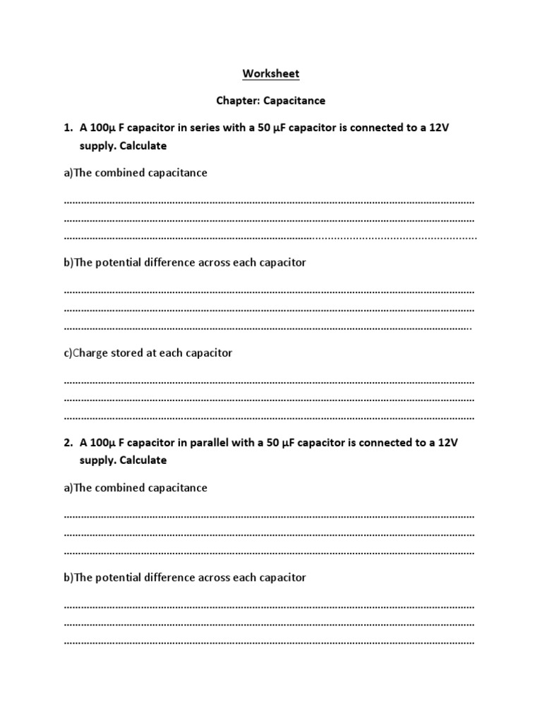 Worksheet Capacitance Series And Parallel Circuits Capacitor
