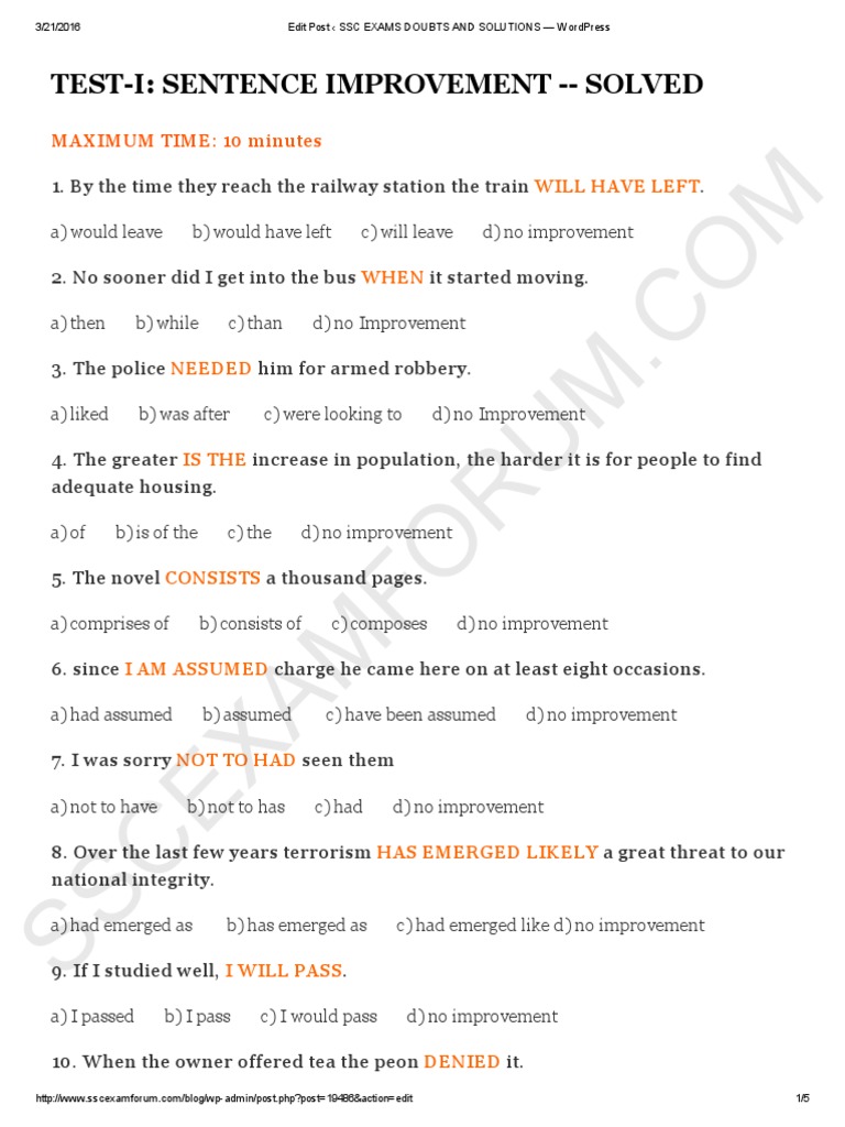 Sentence Improvement Test Solutions | PDF | Verb | Noun