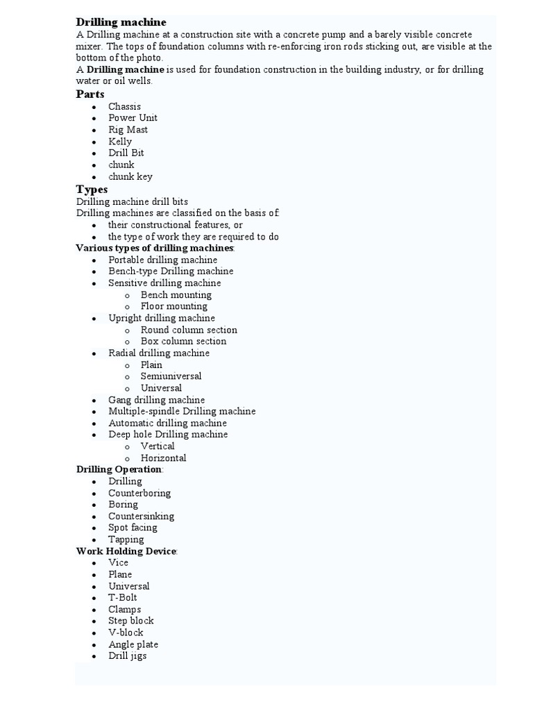 Types and Parts of Drilling Machines | PDF