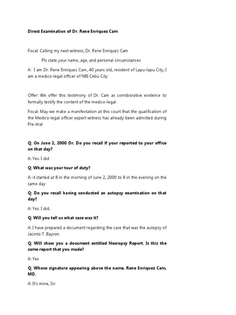 Direct Examination of DR Cam | PDF | Autopsy | Forensics