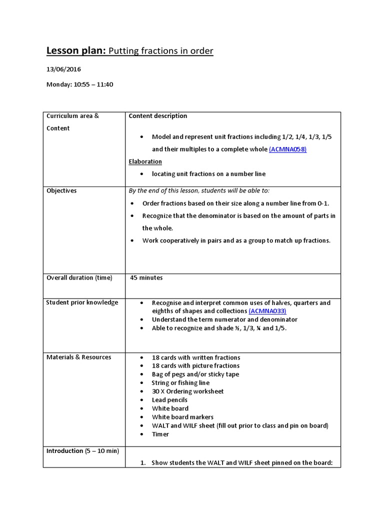 Ordering Fractions Lesson Plan | PDF | Fraction (Mathematics) | Learning