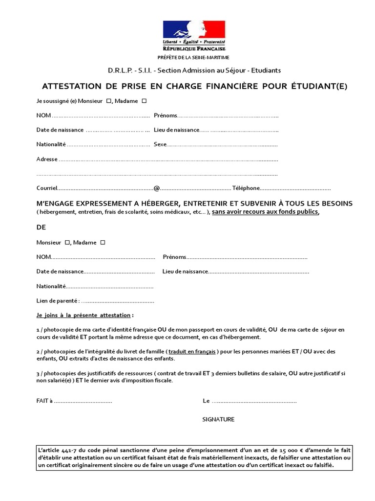 Attestation De Prise En Charge étudiant étranger World
