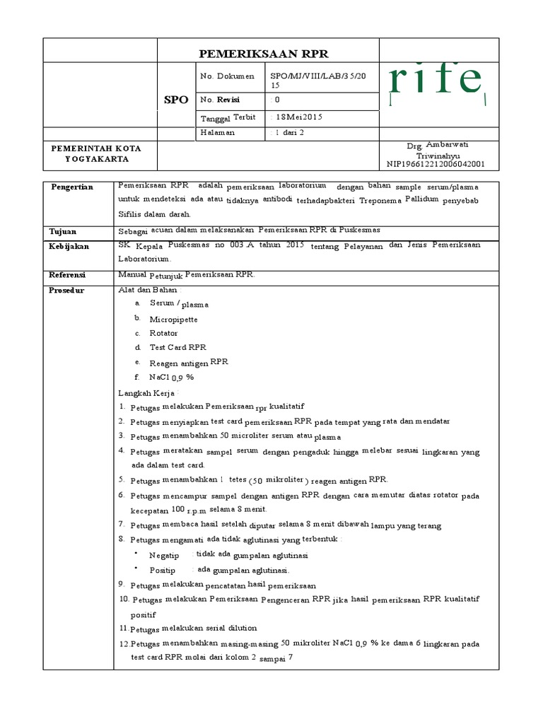 SPO Pemeriksaan RPR | PDF