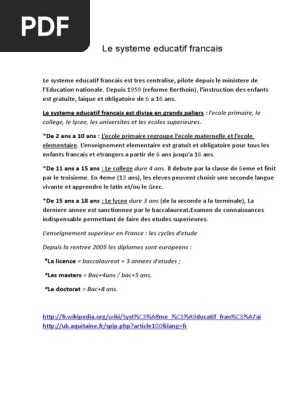 Le Systeme Educatif Francais Est Divise En Grands Paliers L