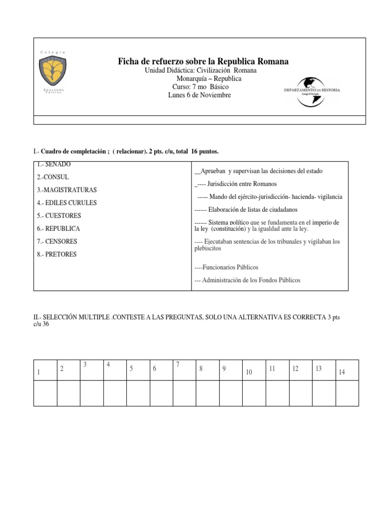 Actividades sobre la República Romana | PDF | imperio Romano | Roma antigua