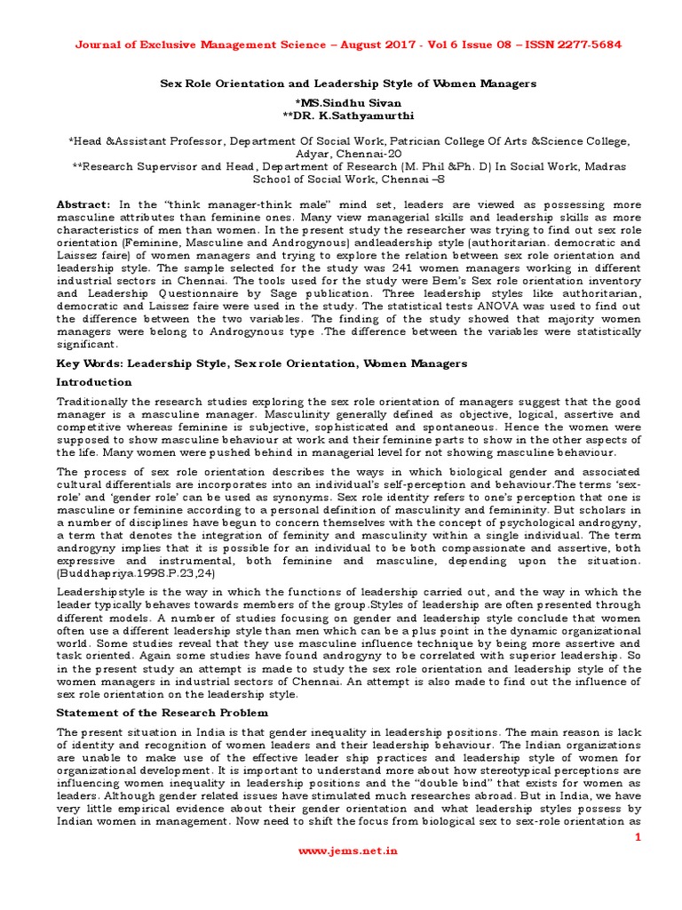 Sex Role Orientation and Leadership Style of Women Managers | PDF ...