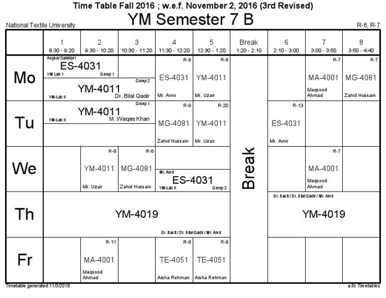 Fall 2016 Timetable for YM Semester 7 | PDF