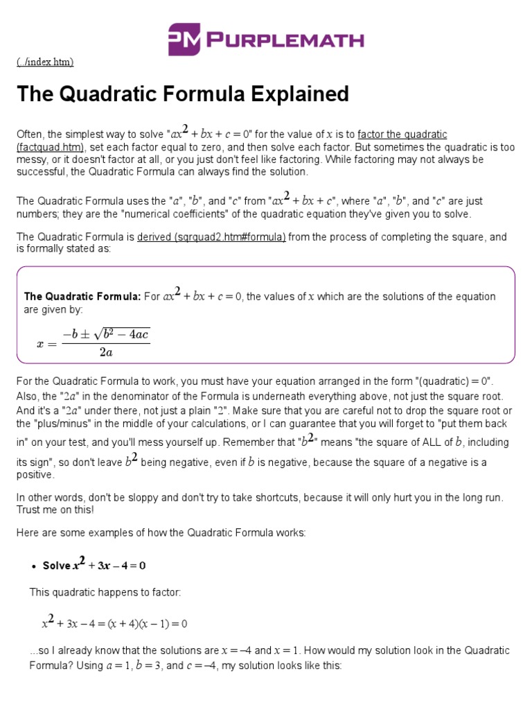 The Quadratic Formula Explained _ Purplemath | Quadratic Equation ...