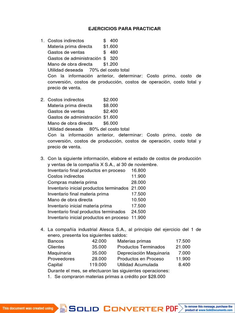 Ejercicios Practicos de Costos PDF | PDF | Depreciación | Costo