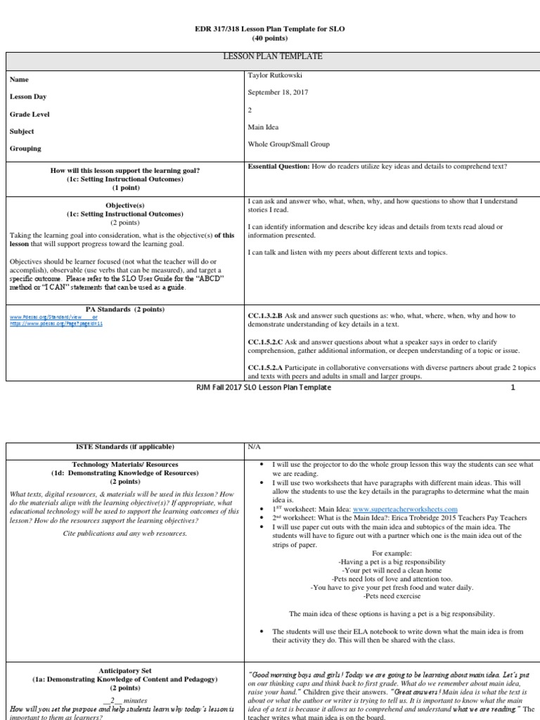 SLO Lesson Plan for Main Idea in ELA | PDF | Lesson Plan ...