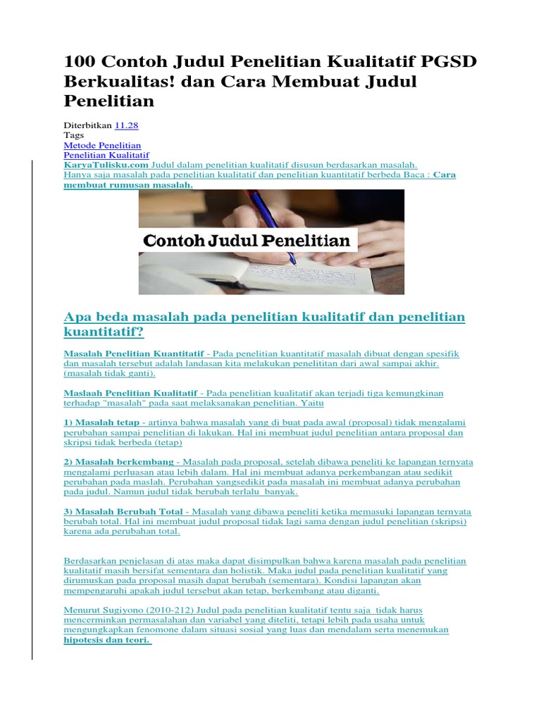 Sikripsi 100 Contoh Judul Penelitian Kualitatif Pgsd Berkualitas