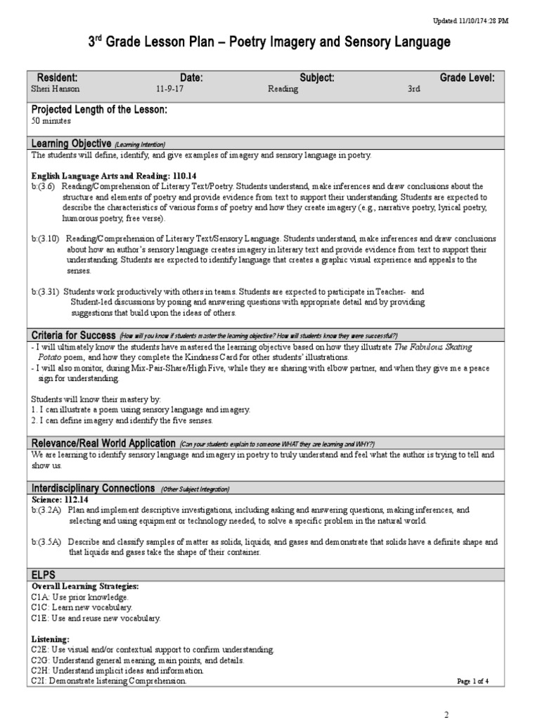 3rd Grade Poetry: Imagery & Sensory Language | PDF | Reading ...