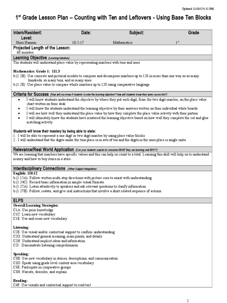 1st Grade Place Value Lesson Plan | PDF | Cognition | Cognitive Science