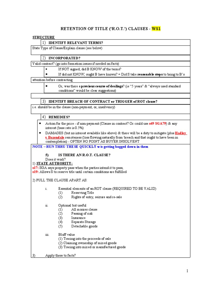 CLP CHECKLIST WS1 Retention of Title Clauses Debt Credit