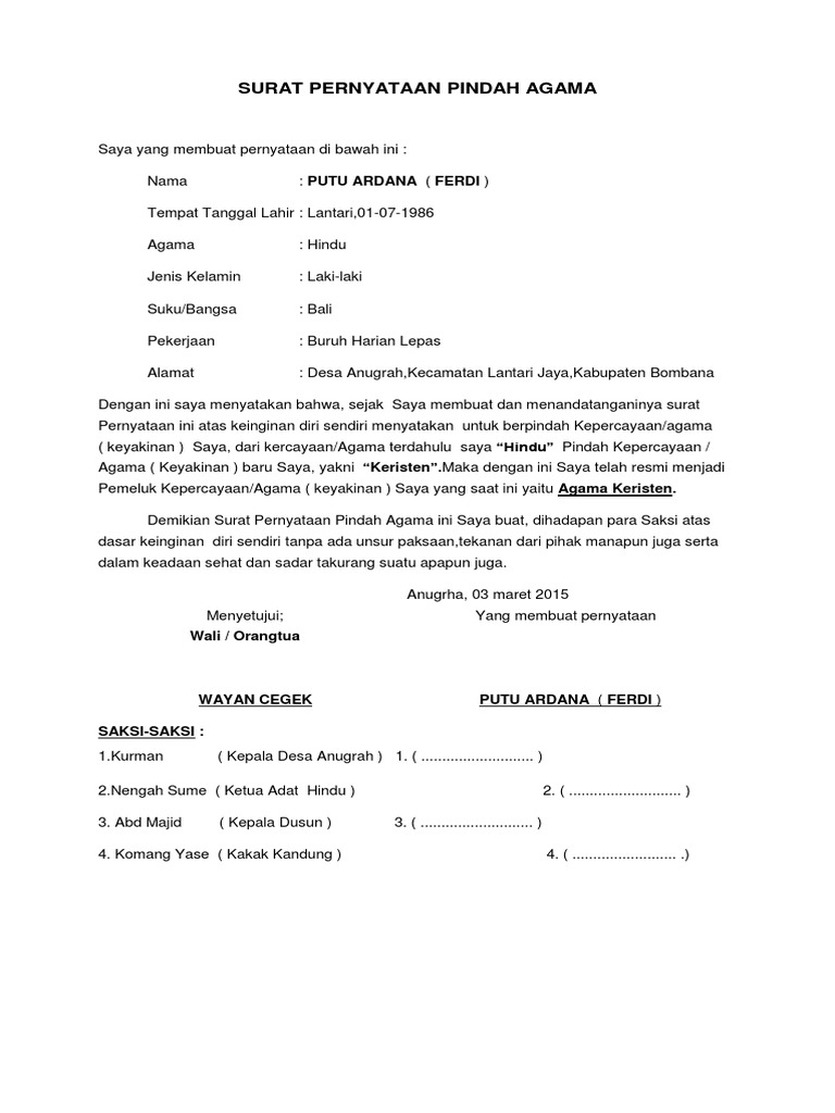 Contoh Surat Pernyataan Baptis Bersyarat