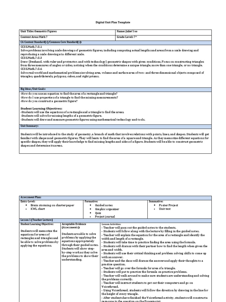 7th Grade Geometry Unit Plan Template | PDF | Area | Geometry