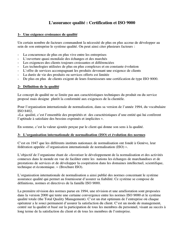 Certification ISO 9000 et Assurance Qualité | PDF | Management de la ...