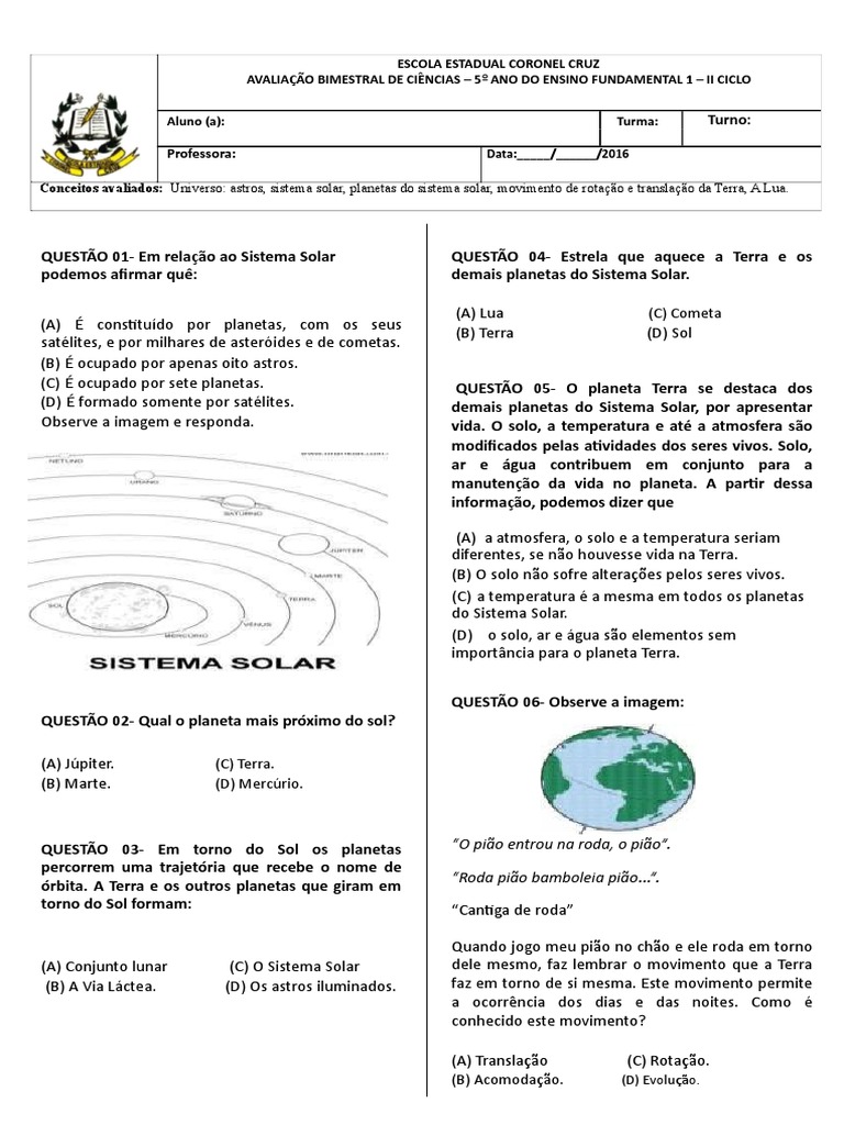 Avaliação de Ciências: Sistema Solar 5º Ano | PDF | Sistema Solar ...