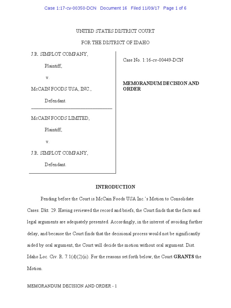 JR Simplot V McCain - Order Consolidating Cases | PDF | Discovery (Law ...
