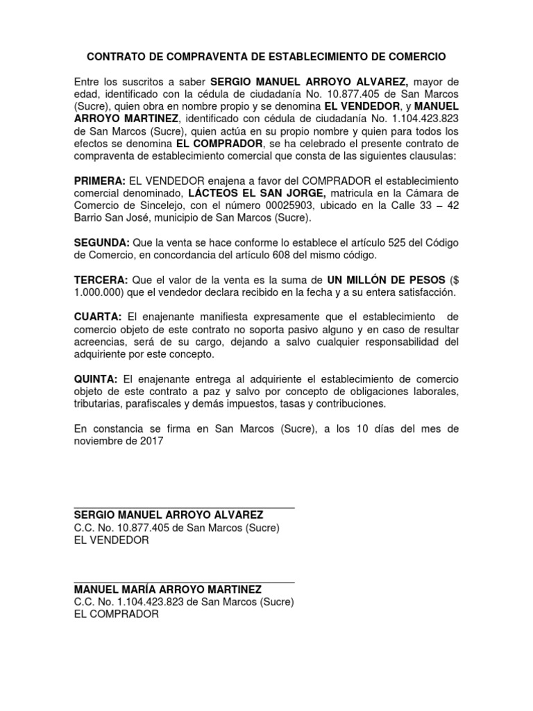 Contrato de Compraventa de Establecimiento de Comercio