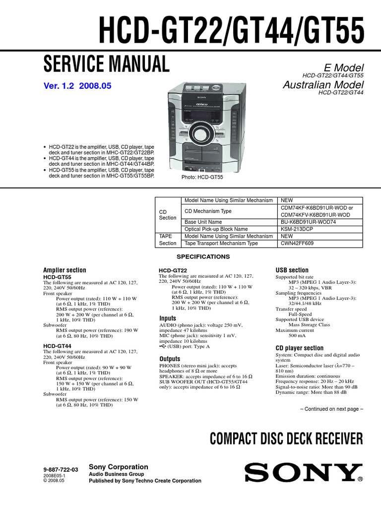 Service Manual: HCD-GT22/GT44/GT55 | PDF | Loudspeaker | Compact Cassette