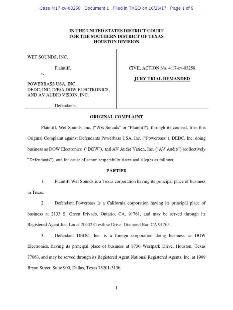 Wet Sounds Inc. v. Powerbass Complaint PDF Patent Infringement