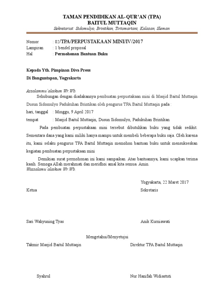 Contoh Surat Permohonan Membekal Buku