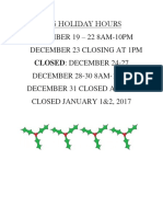 2016 Holiday Hours