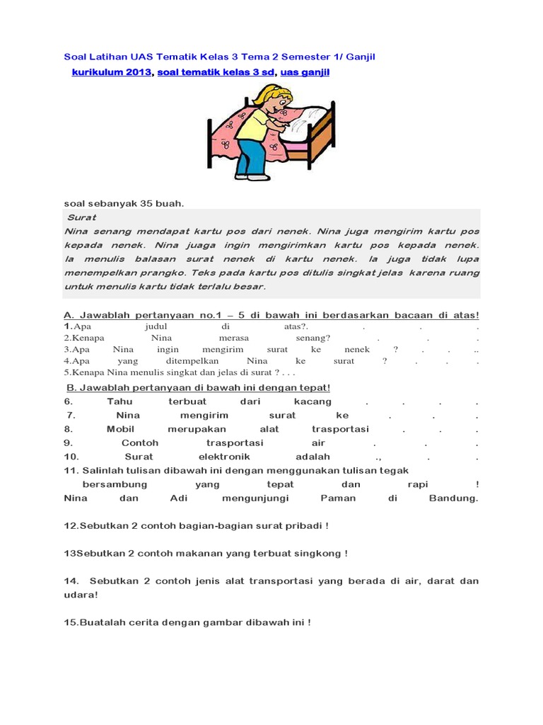 Soal Latihan UAS Tematik Kelas 3 Tema 2 Semester 1 PDF