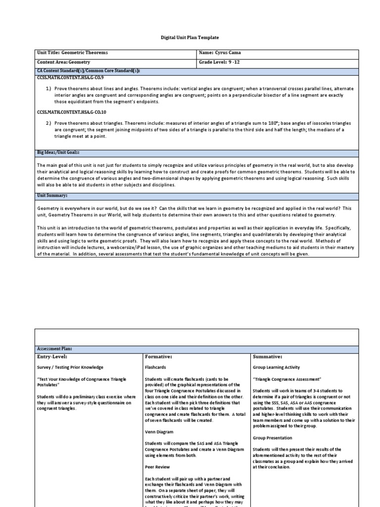 Geometric Theorems Unit Plan Template | PDF | Geometry | Mathematical Proof