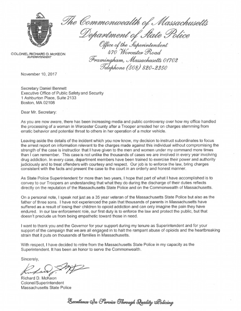 Mass. State Police Superintendent Richard McKeon’s retirement letter