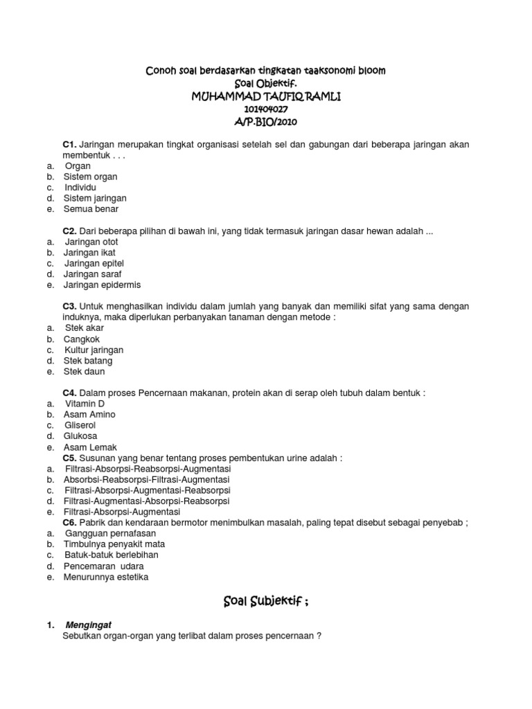 Contoh Soal Berdasarkan Tingkatan Taksonomi Bloom