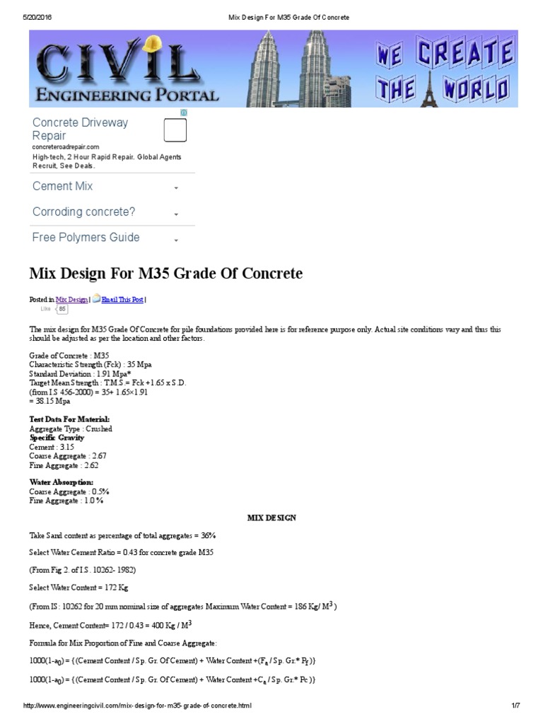 Mix Design For M35 Grade of Concrete PDF Construction Aggregate