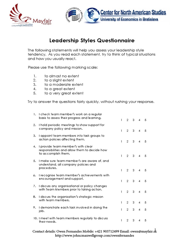 Assessing Leadership Styles A SelfEvaluation Questionnaire and Scoring Tool PDF Leadership