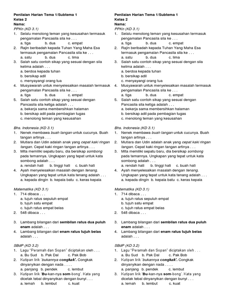 Kelas 2 Tema 1 Subtema 1