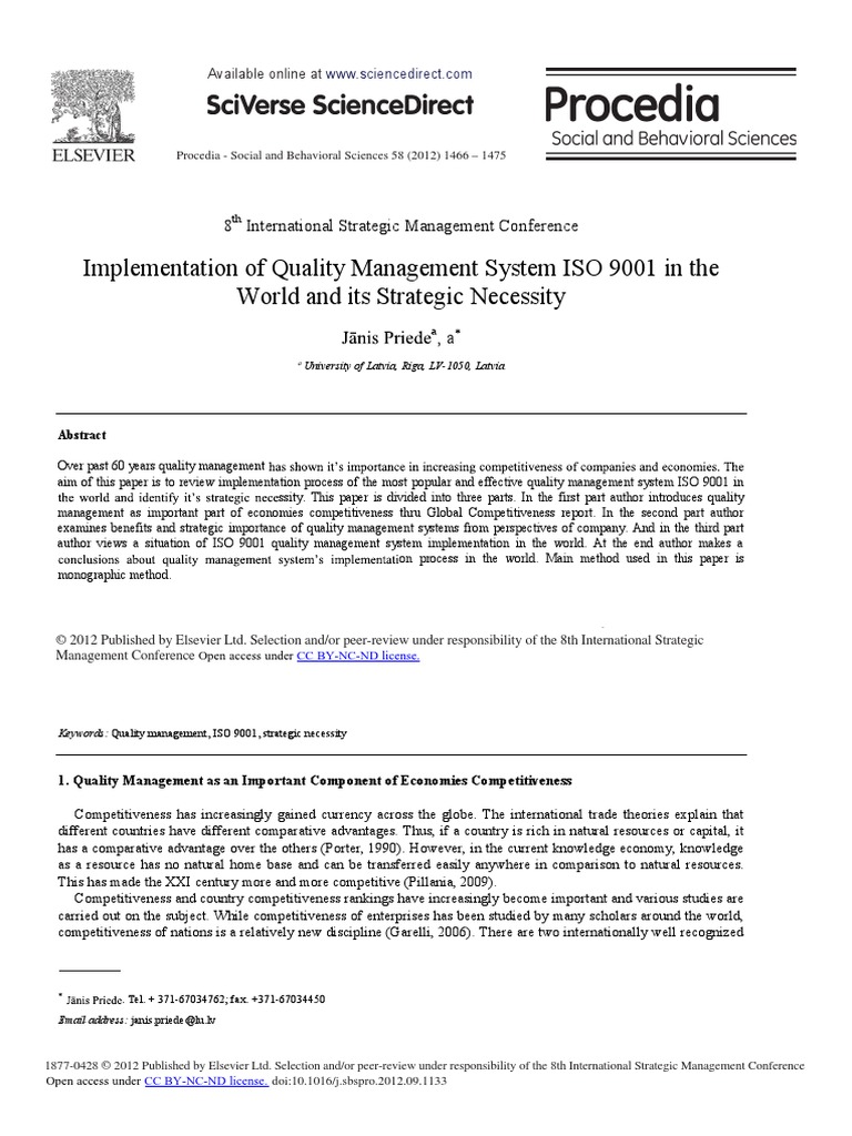 Implementation of Quality Management System ISO 9001 in The World and ...