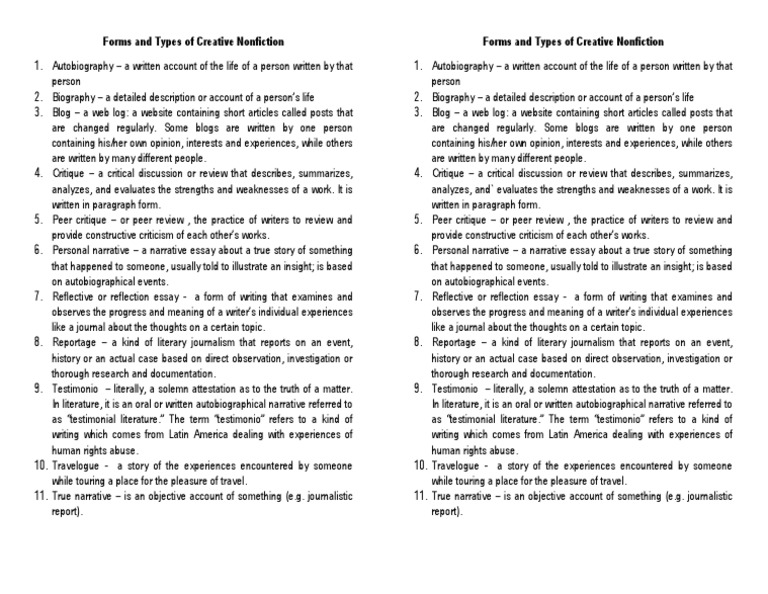 Types of Creative Nonfiction Explained | PDF | Creative Nonfiction ...