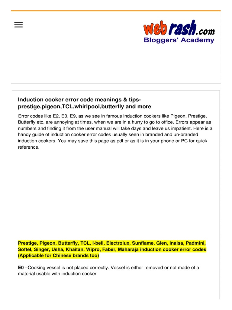 Induction Cooker Error Code Meanings Tips Prestige Blog You Tube