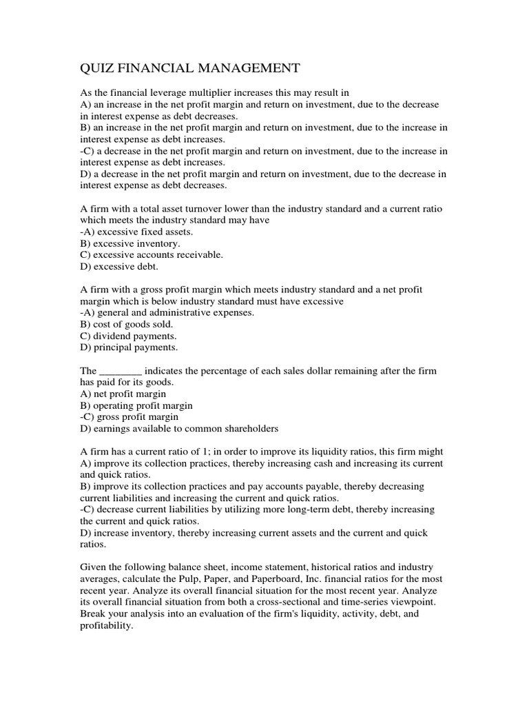 Financial Management Quiz Insights | PDF | Margin (Finance) | Balance Sheet
