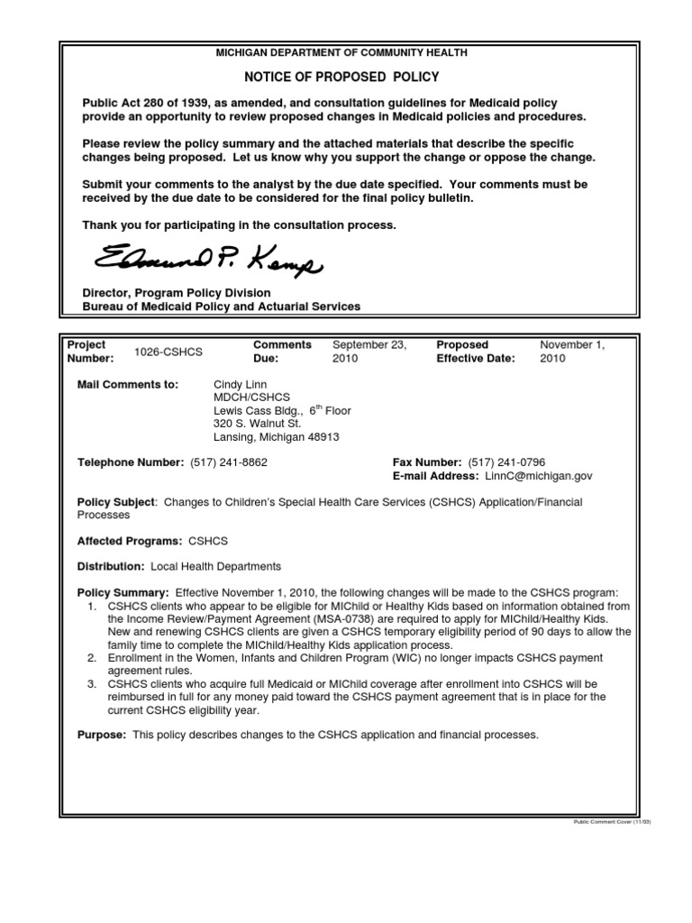 Michigan Proposed Policy Changes To Children's Special Health Care