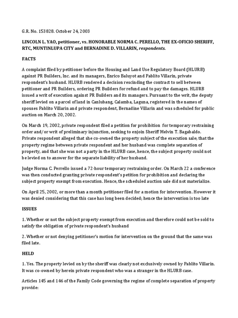 The Exemption of Separate Property from Execution to Satisfy the