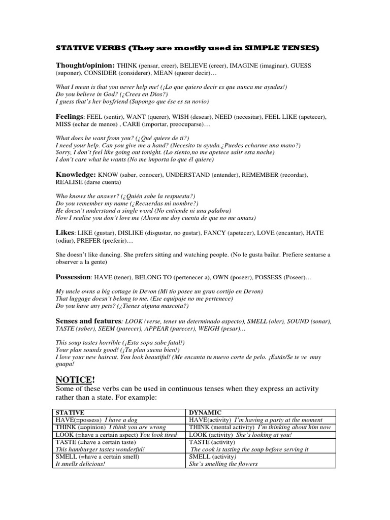 List Of Stative Verbs PDF PDF Onomastics Syntax