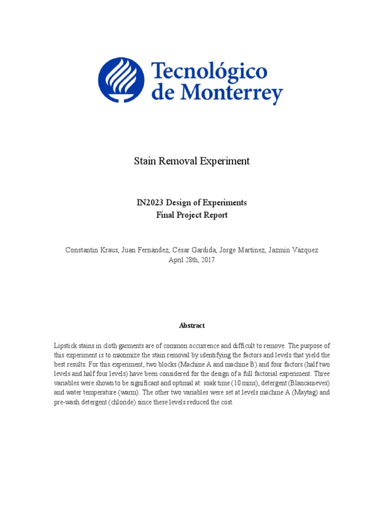 Stain Removal Experiment IN2023 Design of Experiments Final Project