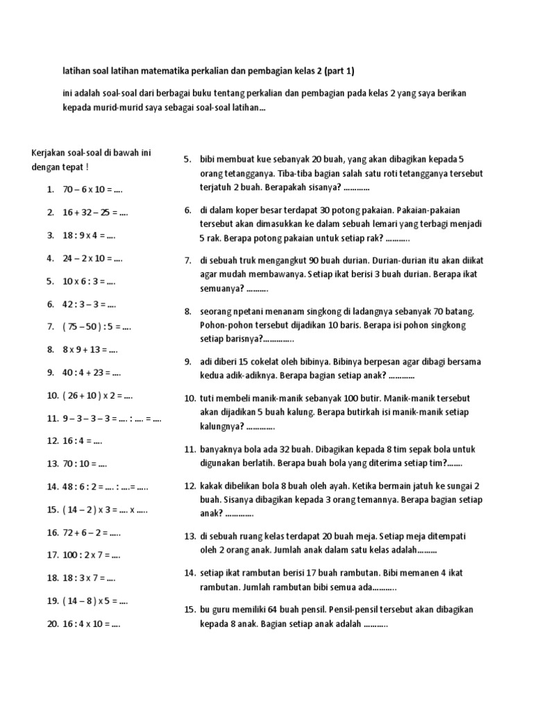 Latihan Soal Latihan Matematika Perkalian Dan Pembagian Kelas 2 Pdf
