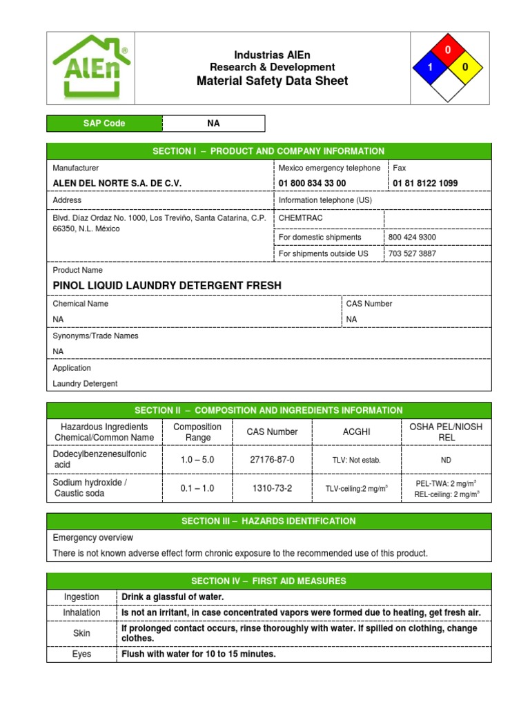 MSDS Pinol | PDF | Sodium | Personal Protective Equipment