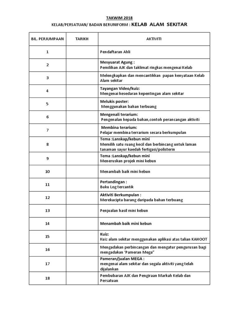 Takwim Kelab Alam Sekitar Pdf