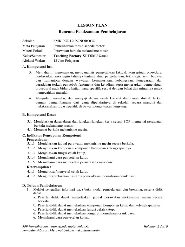 Rpp Tema 3 1 4 1 Perawatan Berkala Mekanisme Mesin