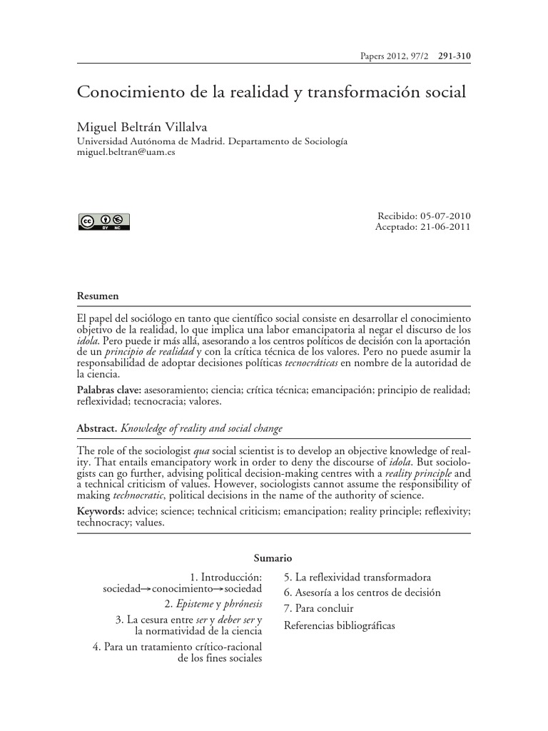 Conocimiento de La Realidad y Transformación Social PDF | PDF ...