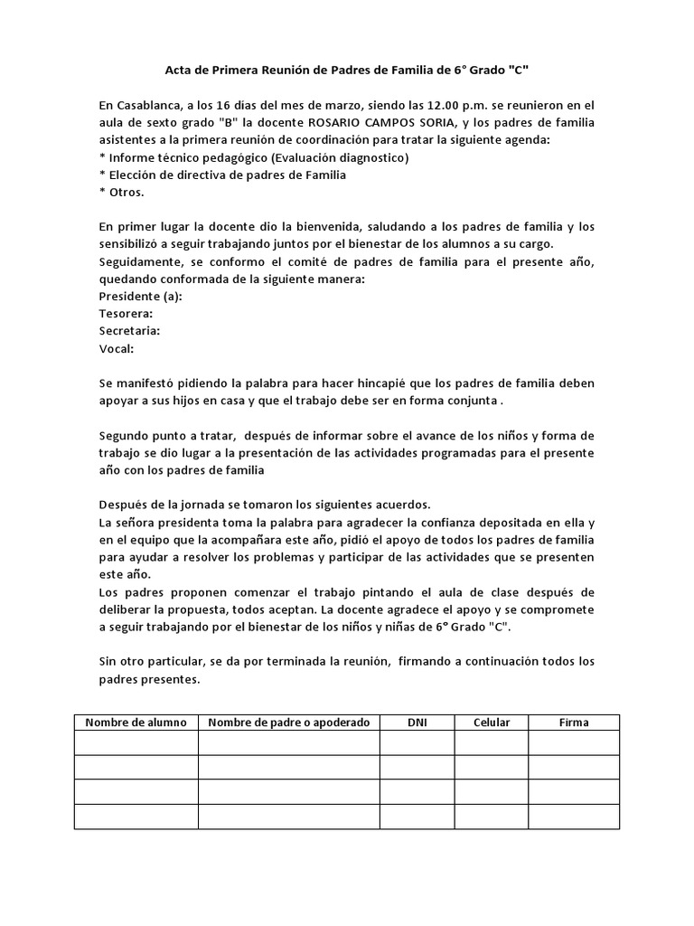 Acta de Primera Reunión de Padres de Familia de 6 PDF