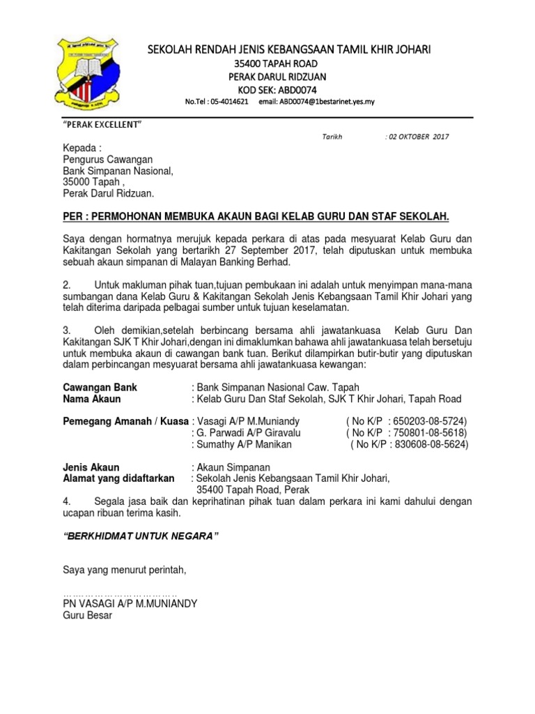 Surat Kiriman Rasmi Permohonan Buka Akaun Bank Suatu Pertubuhan